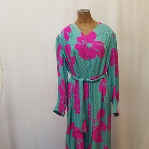 Vintage Hibiscus Print Silk Maxi Dress Caftan